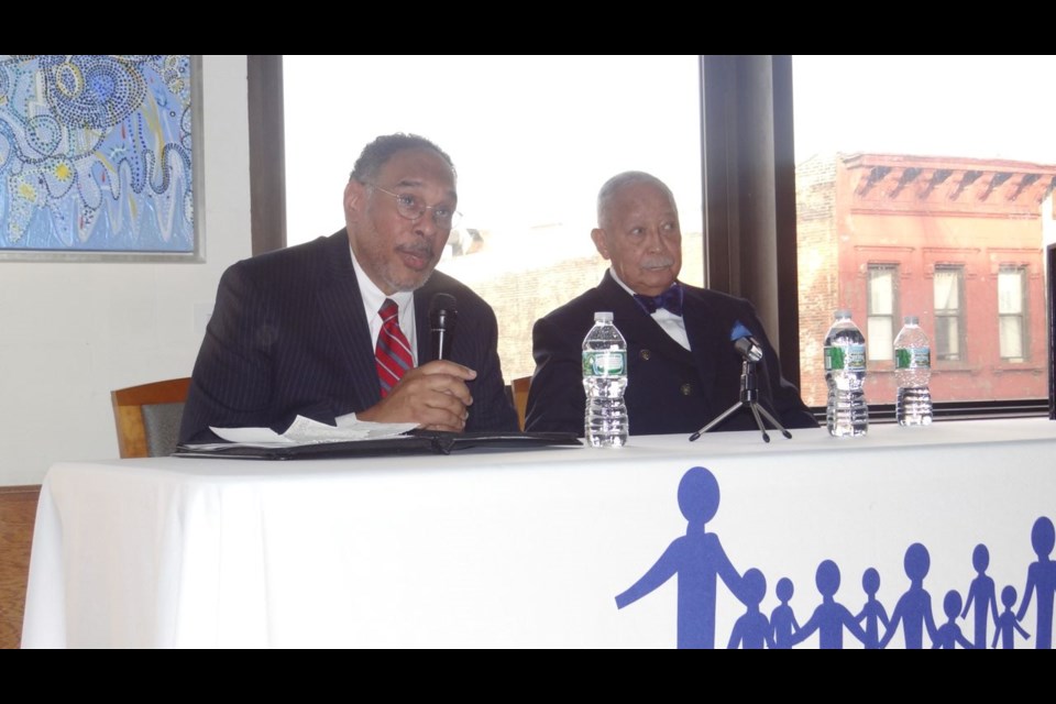 John Flateau (l) moderates a conversation and book signing with former NYC Mayor David Dinkins at a book signing for his memoirs, &#8220;A Mayor&#8217;s Life&#8221;