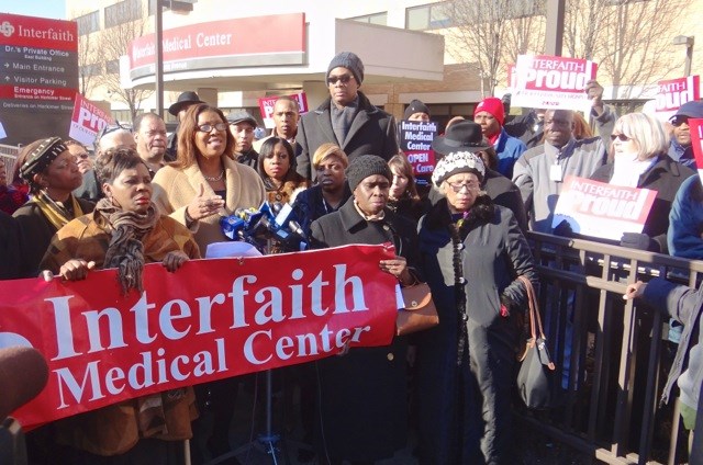 Letitia James at a rally for Interfaith Hospital in Brooklyn