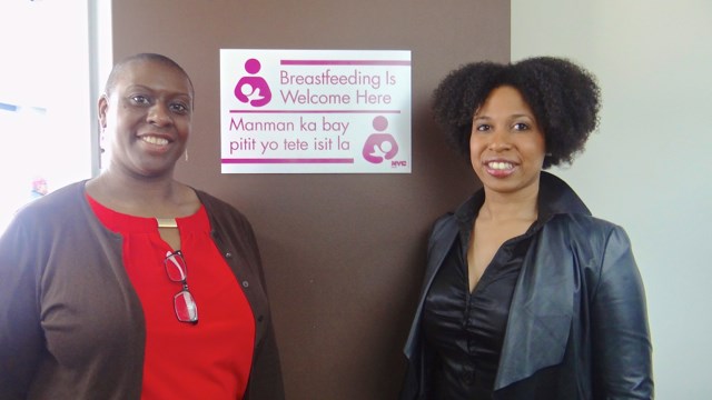  (l to r): Sharon Marshall-Taylor, program manager for the Brooklyn Breastfeeding Empowerment Zone and Dr. Aletha Maybank, assistant commissioner for the NYC Department of Health and Mental Hygiene stand at the entrance of the lactation station, located in the office of City Councilmember Robert Cornegy