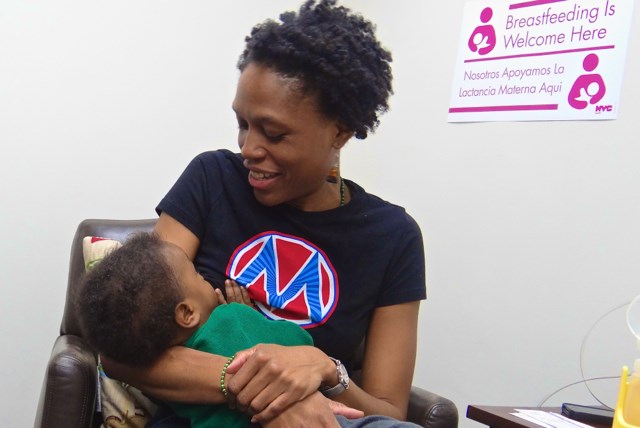 Anayah Sangodele-Ayokais the first to nurse her baby in Bed-Stuy's new lactation room at 1360 Restoration Plaza