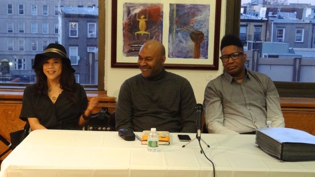 (l to r) Rosie Perez, Nelson George and Tyrone Proctor at Restoration Plaza for George's book signing of "The Hippest Trip in America"