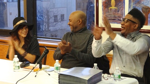 (l to r) Rosie Perez, Nelson George and Tyrone Proctor at Restoration Plaza for George's book signing of "The Hippest Trip in America"