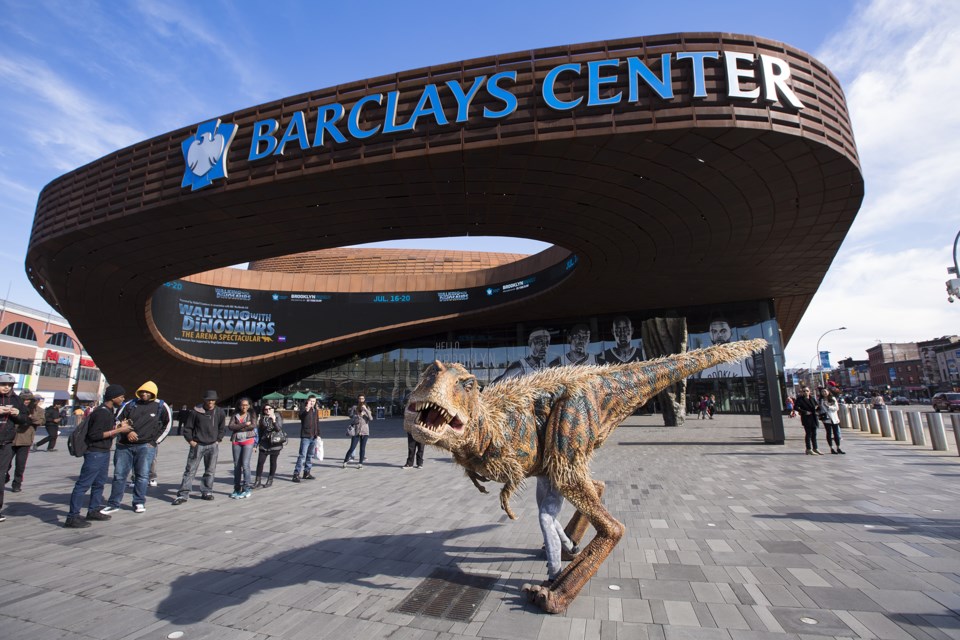 A dinosaur from Walking With Dinosaurs visits Barclays Center to promote their upcoming Summer 2014 show.Photo: Angela Cranford/Barclays Center