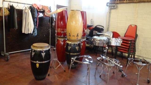 Conga drums accompany the music at B'Nai Adath Kol Beth Yisrael