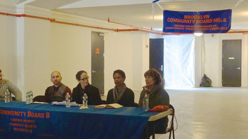 Speakers on the "Expanding our Culture Assets in Crown Heights" panel at the Economic Development Forum, hosted by Community Board 8.: (l to r) Panel Moderator James Ellis, CB8 member; Andrew Steininger, vice president of economic development at the Brooklyn Chamber of Commerce; Mindy Duitz, CEO of The Brooklyn Children's Museum; Regine Roumain, executive director of the Haiti Cultural Exchange; and Hanne Tienney, founder of Five Myles Gallery