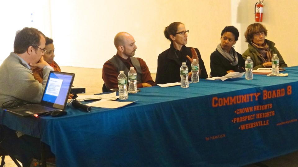 Mindy Duitz, CEO of The Brooklyn Children's Museum, speaks on the "Expanding our Culture Assets in Crown Heights" panel at the Economic Development Forum, hosted by Community Board 8. Joining her were (l to r) Panel Moderator James Ellis, CB8 member; Tia Powell Harris, executive director of the Weeksville Heritage Center; Andrew Steininger, vice president of economic development at the Brooklyn Chamber of Commerce; Regine Roumain, executive director of the Haiti Cultural Exchange; and ; and Hanne Tienney, founder of Five Myles Gallery