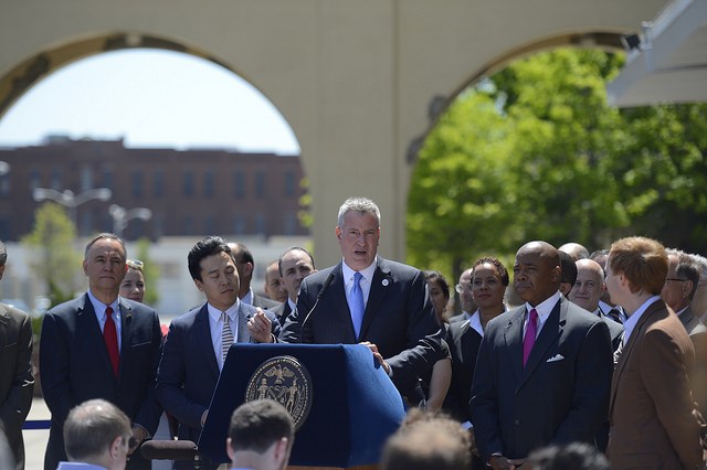 Mayor Bill de Blasio announces 'Jobs for New Yorkers' at the Brooklyn Army Terminal Courtyard on Tuesday, May 20, 2014 Photo: Rob Bennett for the Office of Mayor Bill de Blasio