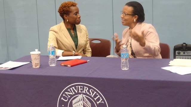 City Councilmember Laurie Cumbo and NYCHA Commissioner Shola Olatoye at a town hall meeting on public housing
