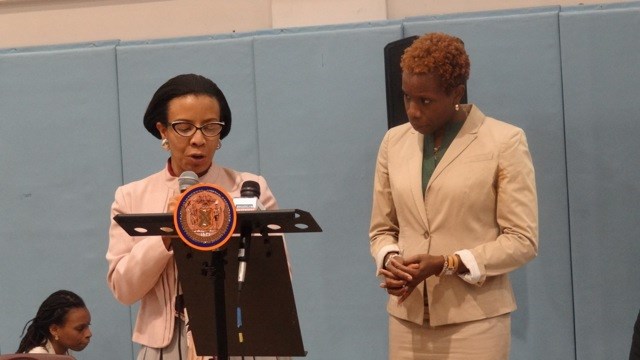 City Councilmember Laurie Cumbo and NYCHA Commissioner Shola Olatoye at a town hall meeting on public housing