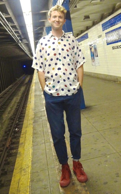 Meet Devin, the sculptor, from Fort Greene, Brooklyn. He was in Manhattan waiting to catch a train back to his Brooklyn art studio! What caught the reader's eye were his polka dots, which you don't see on very many people lately. Plus his cute red sneakers were a great choice.