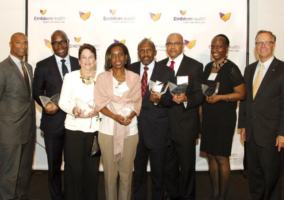 (Left to Right) David Flemister, Director of Community Marketing, EmblemHealth; Charles A. Archer, Esq, Chief Executive Officer, Evelyn Douglin Center for Serving People in Need; Joanne Oplustil, President and Chief Executive Officer, CAMBA; Nadine Juste-Beckles, Board Member, Dispora Community Services; Harvey Lawrence, President and Chief Executive Officer, Brownsville Multi-Service Family Health Center; Dr. Andre K. Peck, Executive Director, Haitian-American Community Coalition; Tracey Capers, Executive Vice President for Programs, Bedford Stuyvesant Restoration Corporation; Dave Mahder, Vice President of Marketing and Communications, EmblemHealth