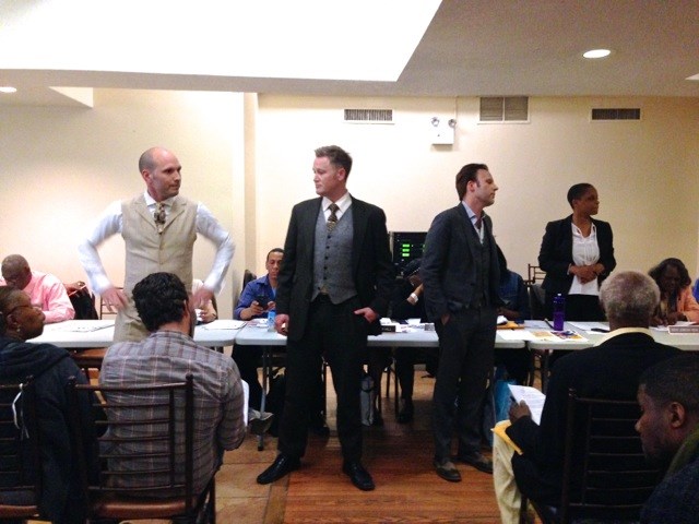 The three owners of Silver Lining  Bar, LLC , at the Community Board 3 Community Council Meeting, Restoration Plaza 05/05/14