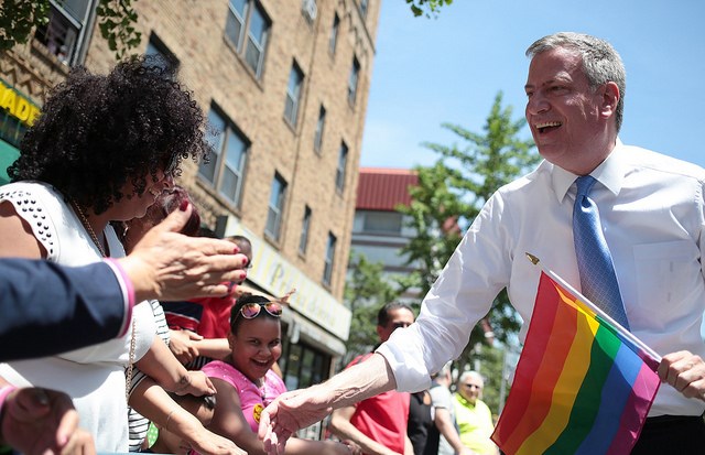 Mayor Bill de Blasio marches in the Queens Pride Parade on Sunday, June 1, 2014. Credit: Ed Reed for the Office of Mayor Bill de Blasio