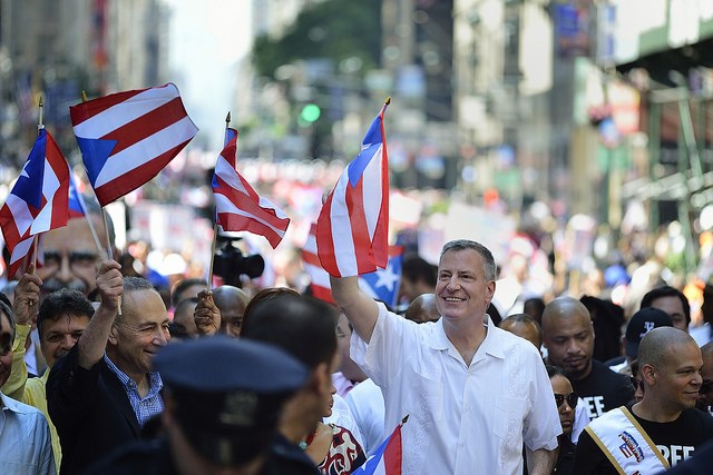 Mayor Bill de Blasio at the Puerto Rican Day Parade on Fifth Avenue on Sunday, June 8, 2014. Credit: Diana Robinson for the Office of Mayor Bill de Blasio