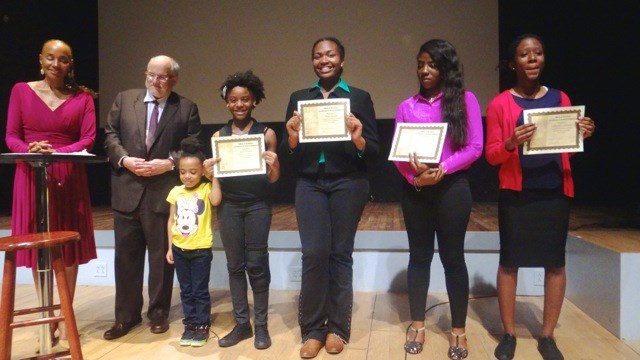 Philanthropist Lee Perlman (second from left) presented his Brownstone Tutor SAT Prep Scholarship to four high school freshmen