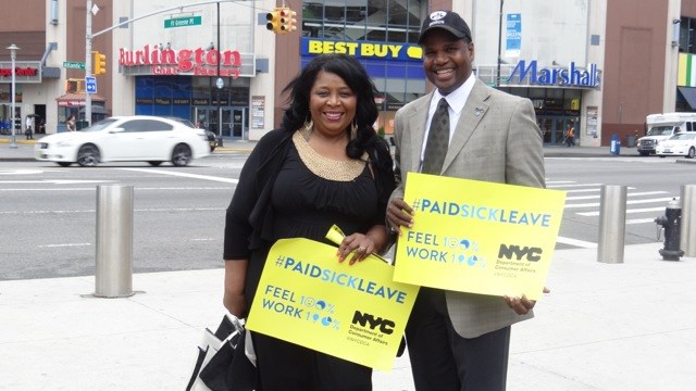 Representatives from the Bed-Stuy Gateway BID campaign outside the subway station at Barclays Center to inform residents about the Paid Sick Leave Law