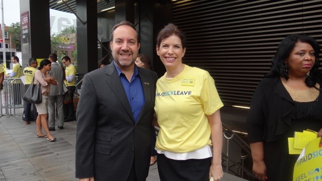 (l to r) Carlo Scissura, president of Brooklyn Chamber of Commerce and Consumer Affairs Commissioner Julie Menin campaign outside the subway station at Barclays Center to inform residents about the Paid Sick Leave Law