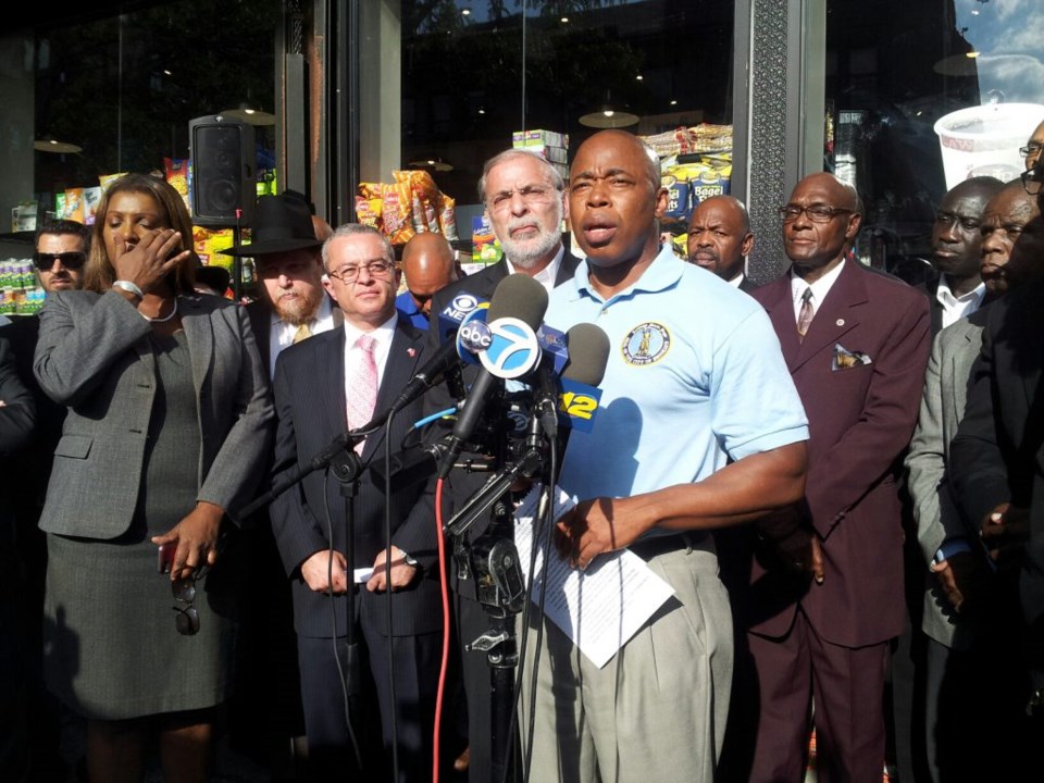 Brooklyn Borough President Eric Adams holds press conference in Crown Heights to address religiously motivated assaults on Brooklyn residents.
