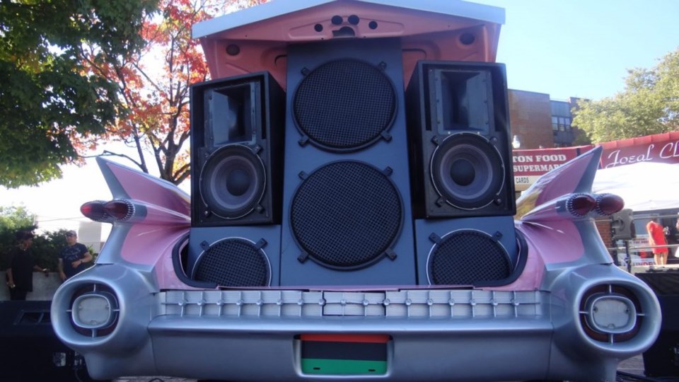 Pink Cadillac outfitted with speakers broadcasting live "OJ Radio," part of the exhibit Funk, God, Jazz and Medicine: Black Radical Brooklyn