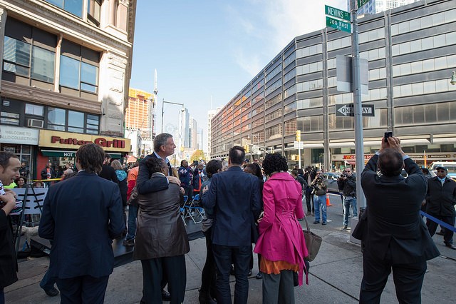 Mayor Bill de Blasio Delivers Remarks at Street Co-Naming Ceremony for Jon Kest Way. Nevins and Flatbush Avenues, Brooklyn. Photo: Ed Reed