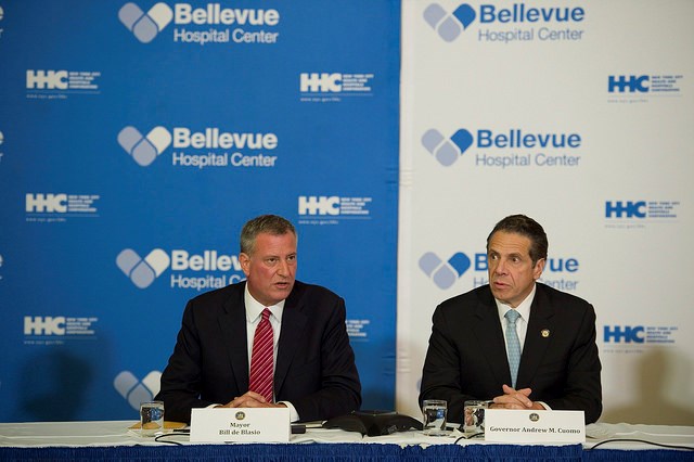 Mayor Bill de Blasio Hosts Press Conference with Governor Cuomo at Bellevue Hospital in Manhattan. Thursday, October 23, 2014.  