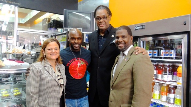 (l to r): City Council Speaker Melissa Mark-Viverito with Smokey Island Grille Co-Owner Tai Walker, City Councilmember Robert Cornegy, Jr., and Michael Lambert, executive director of the Fulton Street Business Improvement District 