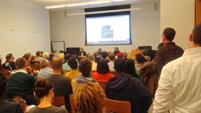 Brooklyn Transitions, a panel on gentrification held at the Brooklyn Public Library, with (l to r)  Suleiman Osman, Sharon Zukin and Isabel Hill 