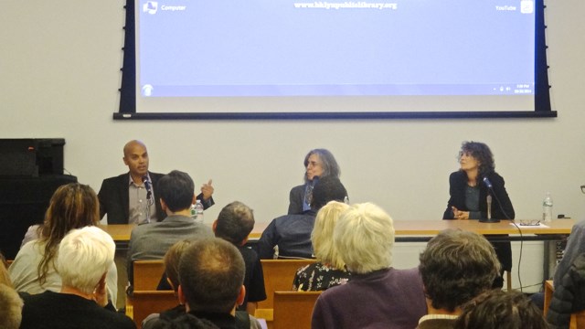 Brooklyn Transitions, a panel on gentrification held at the Brooklyn Public Library, with (l to r)  Suleiman Osman, Sharon Zukin and Isabel Hill 