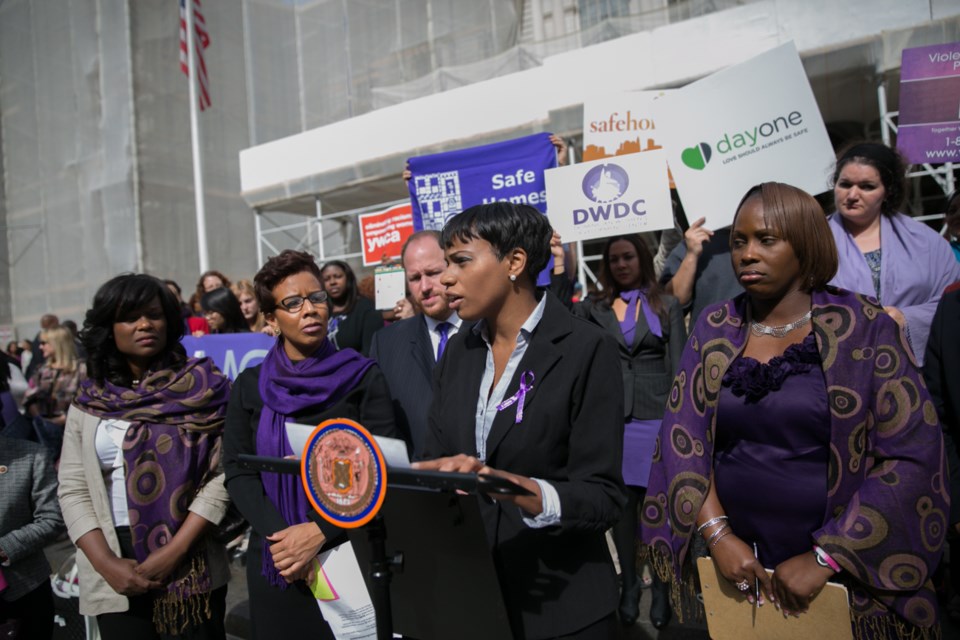 Destiny a Survivor of Domestic Violence Speaks During Press Conference on the Steps of City Hall&#8211;Credit William Alatriste