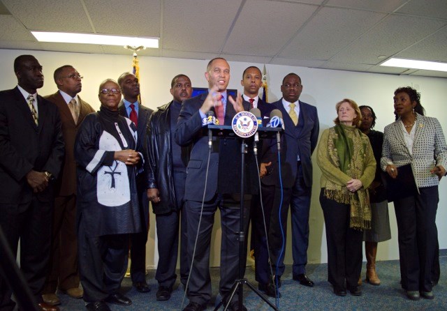Representatives Hakeem Jeffries and Yvette Clarke are joined by State Senator Kevin Parker, Assemblyman N. Nick Perry, Assemblywoman Latrice Walker, Assemblywoman Rodneyse Bichotte, Assemblywoman Anne Simon, Assemblyman Walter Mosley, Council Member Mathieu Eugene, Bertha Lewis, founder of the Black Institute and others for a press conference addressing President Barack Obama's executive order on immigration reform