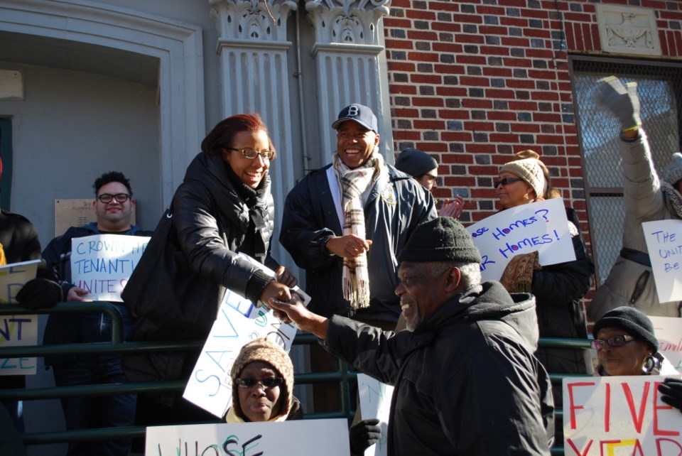 City Councilmember Laurie Cumbo, with Brooklyn Borough President Eric Adams, joins protestors Saturday morning on Schenectady Ave for housing protest Photo: Homesteading Assistance Board 