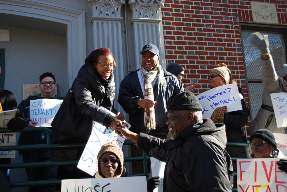 City Councilmember Laurie Cumbo, with Brooklyn Borough President Eric Adams, joins protestors Saturday morning on Schenectady Ave for housing protest Photo: Homesteading Assistance Board