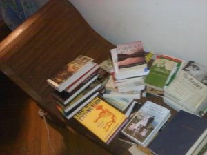 The books by my bed, many of which were used as research for my newest play, "Extreme Whether"