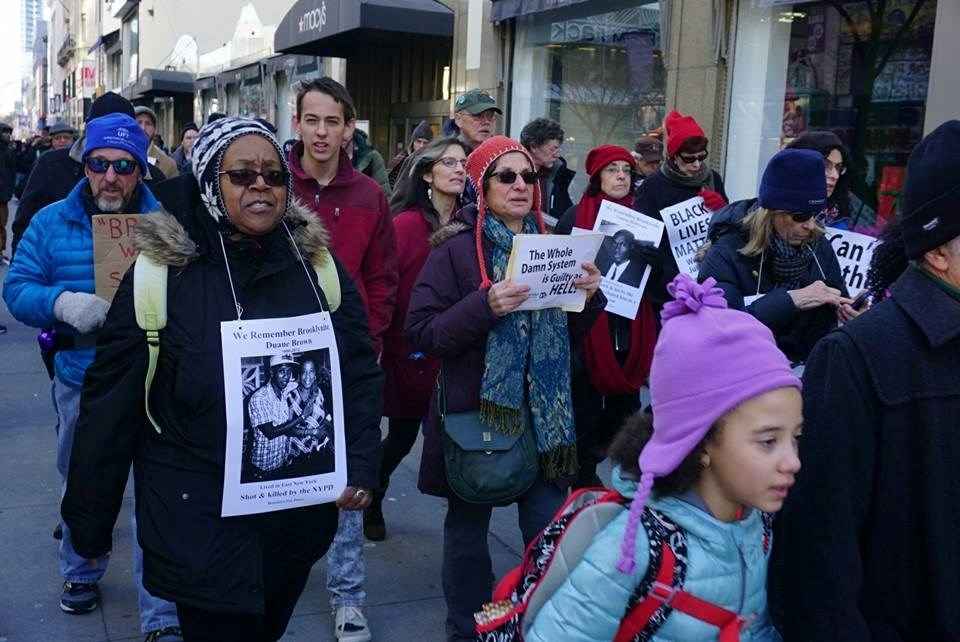 Brooklyn residents from Fort Greene Peace and Brooklyn for Peace on the feeder march through Brooklyn. (photo Matthew Weinstein)