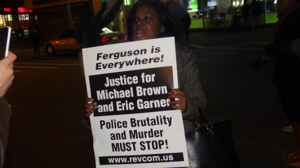 Protesters on Flatbush Avenue and Fulton Street in downtown Brooklyn