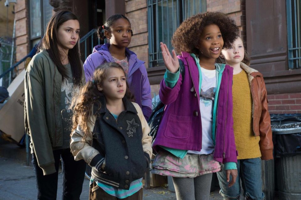 Nicolette Pierini, Zoe Margaret Colletti, Eden Duncan-Smith, Quvenzhané Wallis and Amanda Troya on set for the filming of "Annie"