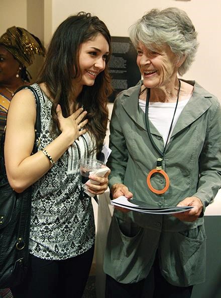 The artist Susan Rowland (right) at her retrospective show at the Charles P. Sifton Gallery, Brooklyn Federal Court House with friend Stephanie Mead.