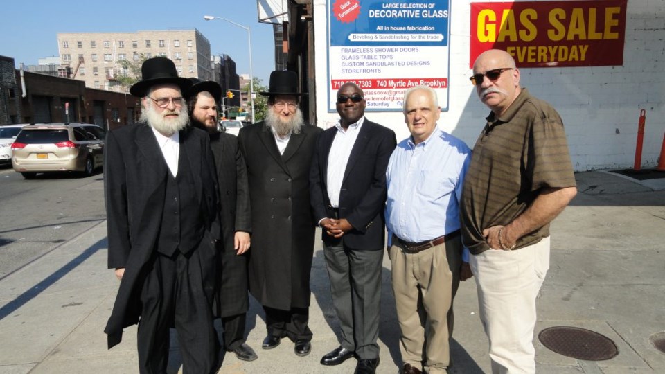 (l to r): Rabbi Abe Perlstein, Samuel Stern, Simon Weiser, DOT Brooklyn Borough Commissioner Keith Bray, Assemblyman Joe Lentol, and CB 1 District Manager Gerry Esposito
