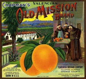 A wonderful old fruit shipping crate label from Chapman's Old Mission Brand Oranges in California