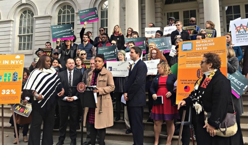 Council Member Laurie A. Cumbo (in brown) joined by (from l-r) Council Members Vanessa Gibson, Corey Johnson, Daniel Dromm, and Ben Kallos as well as reproductive health advocates call for comprehensive sex education for K-12 students in New York City public schools.