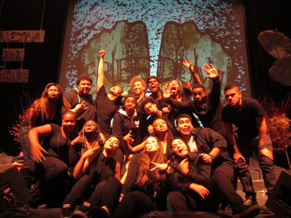 Truthworker Theatre Company and Creative Director Samara Gaev (last row, center) after performance of BAR CODE: A performative analysis of the school to prison pipeline at The Marion Institute's Connecting for Change Conference October 2013