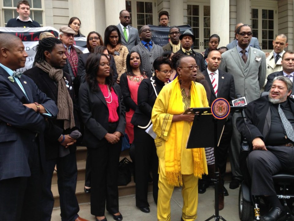 Bertha Lewis, founder and president of The Black Institute, speaks at a press conference calling on the city to offer more support of M/WBE contractors