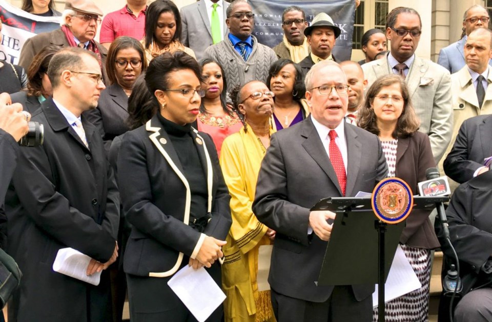 NYC Comptroller Scott M. Stringer speaks at a press conference calling on the city to offer more support of M/WBE contractors