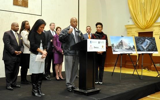 Brooklyn Borough President Eric L. Adams joined NYCEDC President Maria Torres-Springer (left-center), Council Member Laurie A. Cumbo (right-center), and Bedford Courts LLC, a joint venture of Brooklyn-based developers BFC Partners and Slate Property Group, in partnership with local elected officials and community leaders, to announce an approximately 500,000 square foot mixed-use development at the Bedford Union Armory in Crown Heights. Photo: Erica Sherman/Brooklyn BP's Office