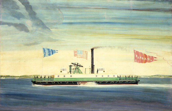 The Nassau, a twin-hulled boat, was the first regularly scheduled steam-powered ferry from Brooklyn to Manhattan
