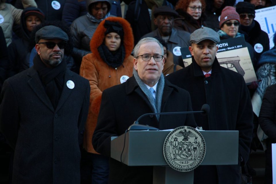 NYC Comptroller Scott M. Stringer, joined by Congressman Hakeem Jeffries and the Metro Industrial Areas Foundation (IAF) held a press conference Monday calling on the city to use smart guns with its law enforcement. Photo: Office of Comptroller Scott M. Stringer