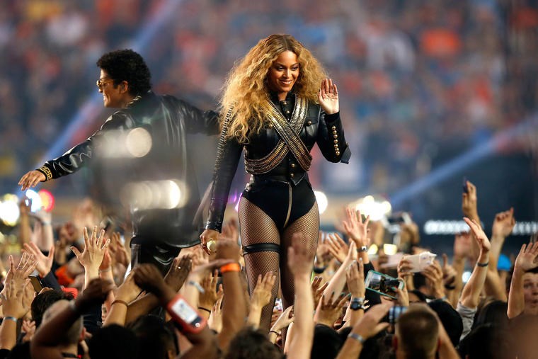 Beyonce and Bruno Mars performed during the Pepsi Super Bowl 50 Halftime Show at Levi's Stadium on February 7, 2016 in Santa Clara, California. (Photo by Ezra Shaw/Getty Images)