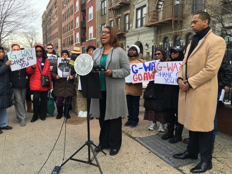 PA James, along with Assemblymember Walter Mosley held a press conference in front of 410 Eastern Parkway in protest of unscrupulous tactics by landlords to force tenants out of their homes