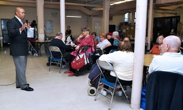 Brooklyn Borough President Eric L. Adams shared a series of crime prevention tips with members of the Park Slope Center for Successful Aging, following a number of local attacks on the elderly.  Photo: Erica Sherman/Brooklyn BP's Office