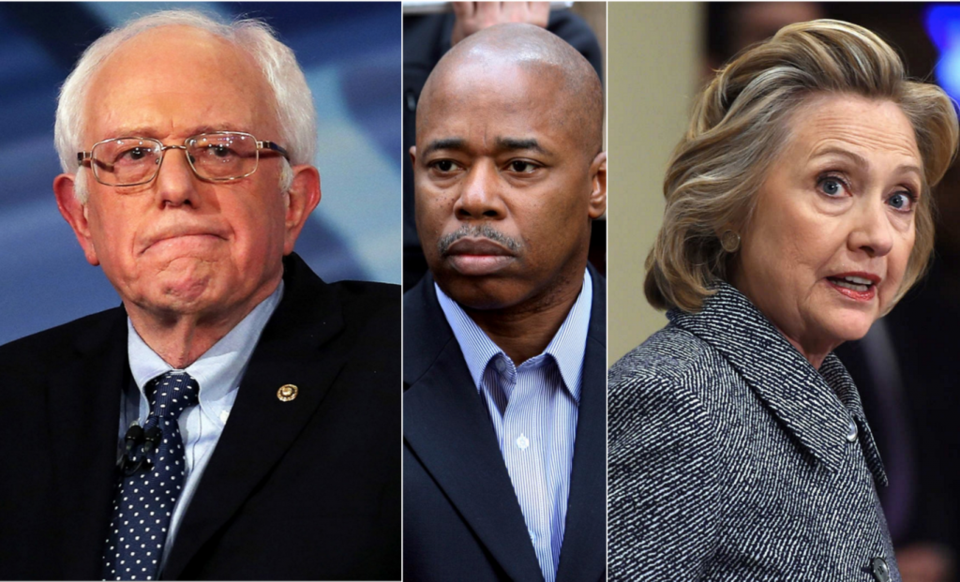 l to r: Sen. Bernie Sanders, Brooklyn BP Eric L. Adams, and Hillary Clinton